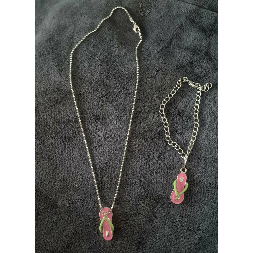 Vtg Y2K Pink Green Enamel Flip Flop Matching Set Link Bracelet & Necklace